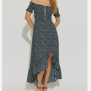 Francesca’s Norah Navy Ditsy Floral Off The Shoulder Maxi Dress